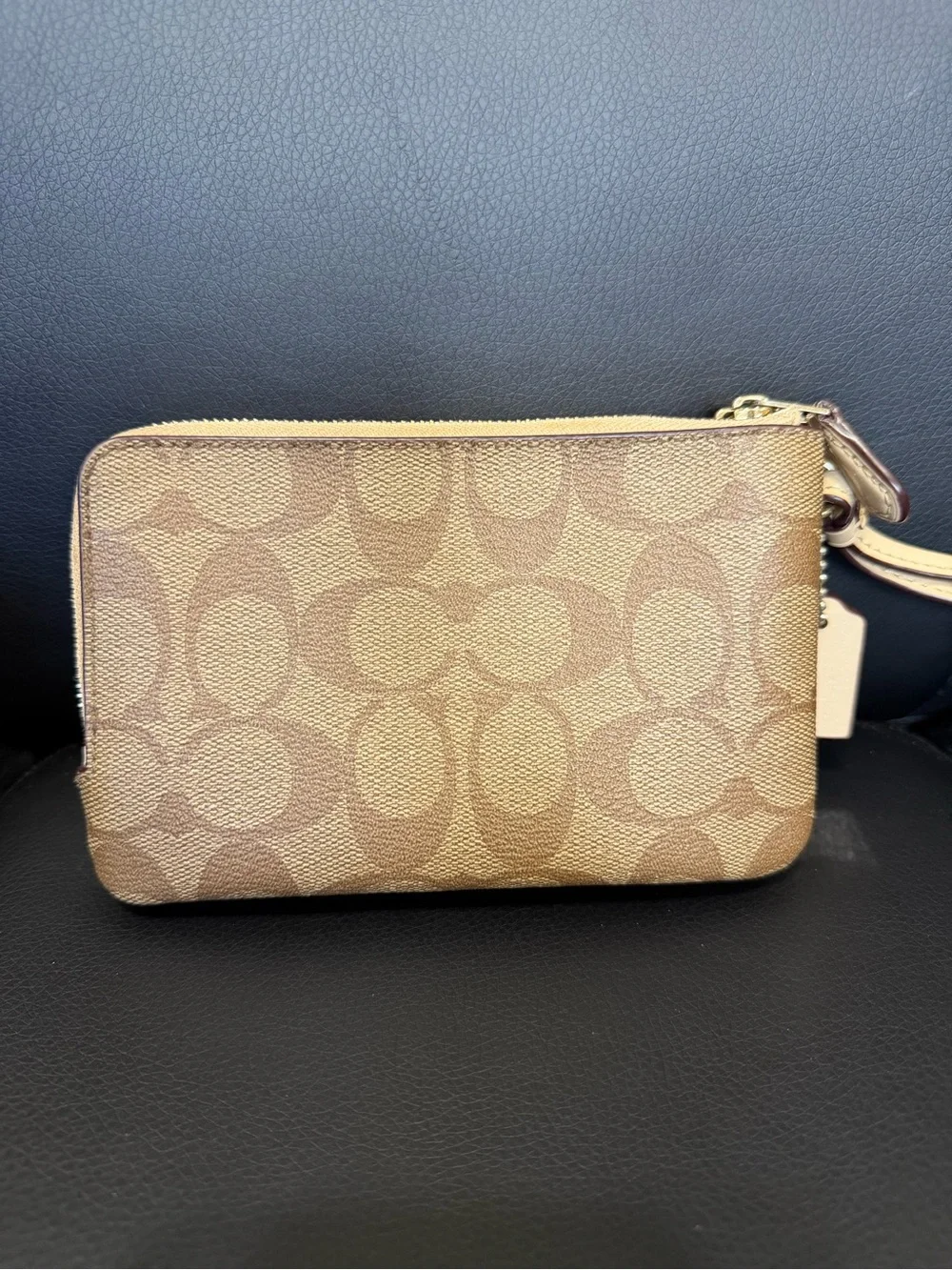 Coach Double Zip Signature Canvas Wristlet in Brown/Tan